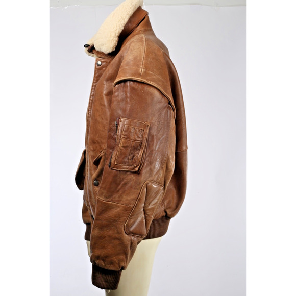 Vintage Midway Brown Leather Zipper Bomber Jacket Size 40 Sheep Shearling Collar - Picture 14 of 16